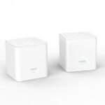 Two identical compact white cube Tenda Nova MW3 AC1200 Dual Band Mesh Router nodes displaying their minimalist body layout textured top face single front green status LED indicator light and rear ethernet ports