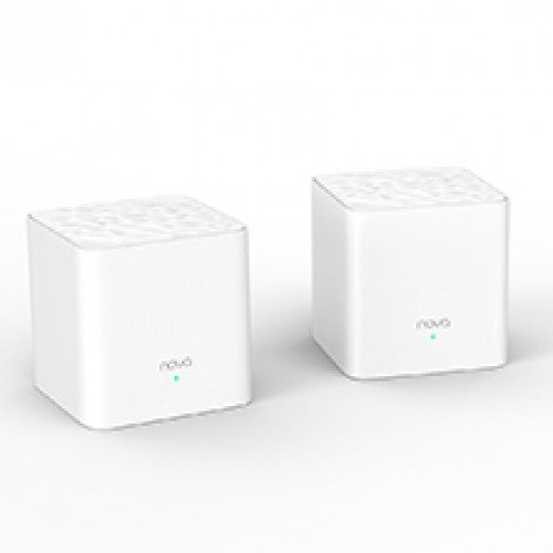 nova-mw3-ac1200-500x500 Two identical compact white cube Tenda Nova MW3 AC1200 Dual Band Mesh Router nodes displaying their minimalist body layout textured top face single front green status LED indicator light and rear ethernet ports