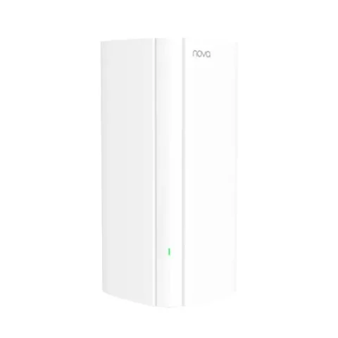 Elegantly styled white tower Tenda Nova MX12 AX3000 Dual Band WiFi 6 Mesh Router node displaying its sleek body design top ventilation slots subtle front LED indicator and rear Gigabit ethernet ports