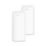Two white Tenda Nova MX12 AX3000 Dual Band WiFi 6 Mesh Router nodes displaying their sleek vertical tower chassis single front LED indicator light and rear triple Gigabit ethernet ports