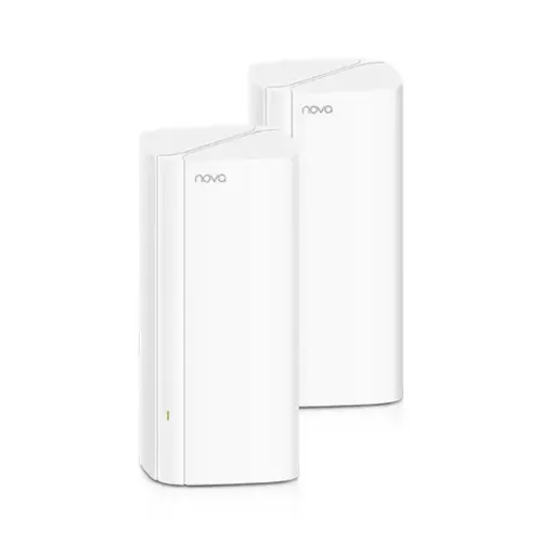 nova-mx12-04-500x500 Two white Tenda Nova MX12 AX3000 Dual Band WiFi 6 Mesh Router nodes displaying their sleek vertical tower chassis single front LED indicator light and rear triple Gigabit ethernet ports