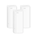 Three white Tenda Nova MX12 AX3000 Dual Band WiFi 6 Mesh Router nodes displaying their sleek vertical tower chassis single front LED indicator light and rear triple Gigabit ethernet ports