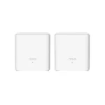 Two identical compact white Tenda Nova MX3 AX1500 Dual Band WiFi 6 Mesh Router nodes displaying their sleek rounded cube body layout single front LED status indicator and rear Gigabit ethernet ports