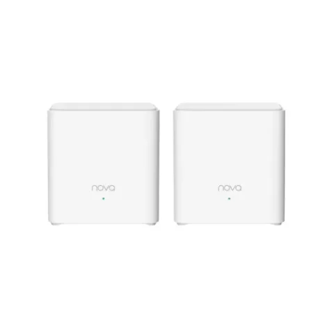 Two identical compact white Tenda Nova MX3 AX1500 Dual Band WiFi 6 Mesh Router nodes displaying their sleek rounded cube body layout single front LED status indicator and rear Gigabit ethernet ports