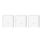 Three identical compact white Tenda Nova MX3 AX1500 Dual Band WiFi 6 Mesh Router nodes displaying their sleek rounded cube body layout single front LED status indicator and rear Gigabit ethernet ports