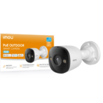 IMOU IPC-PS3EP-M0 IP Camera premium high capacity flagship 5MP PoE outdoor waterproof bullet security camera showing clean white industrial shell with single adjustable mounting base printing dark glossy front face cover housing center premium video lens paired with side warm dual led spotlights and integrated one way microphone hole view]