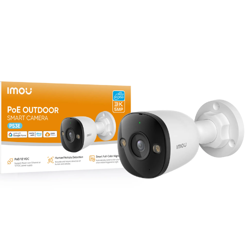 IMOU IPC-PS3EP-M0 IP Camera premium high capacity flagship 5MP PoE outdoor waterproof bullet security camera showing clean white industrial shell with single adjustable mounting base printing dark glossy front face cover housing center premium video lens paired with side warm dual led spotlights and integrated one way microphone hole view]