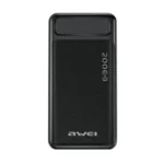 Awei P6K 20000mAh Double USB Power Bank in black matte showing its textured cross hatch non slip outer chassis integrated LED indicator lights and 20000mAh capacity text print layout