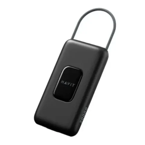 Havit PB35 20000mAh Power Bank with Type C Cable Price in BD - Front view of sleek black power bank with built-in Type-C cable and LED status light