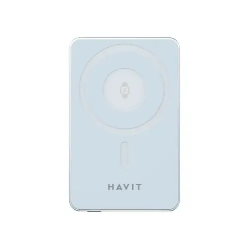 pb5219-blue-01-500x500 Havit PB5219 10000mah 15w Magnetic Wireless Power Bank Price in BD - Front view of slim magnetic wireless power bank attached to smartphone