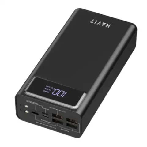 Havit PB56 40000mAh Power Bank Price in BD - Front view of heavy-duty black Havit PB56 40000mAh power bank showing digital LED battery display