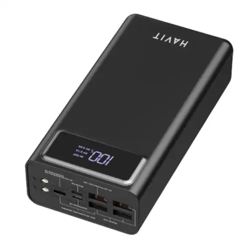 pb56-03-500x500 Havit PB56 40000mAh Power Bank Price in BD - Front view of heavy-duty black Havit PB56 40000mAh power bank showing digital LED battery display