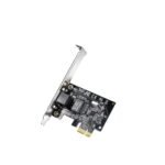 Cudy PE10 Gigabit PCI Express network adapter card showing its RJ45 port and gold-plated PCIe connector contact points, designed for seamless desktop PC integration