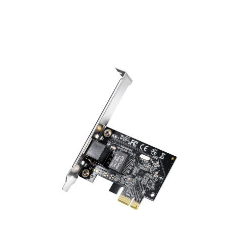 Cudy PE10 Gigabit PCI Express network adapter card showing its RJ45 port and gold-plated PCIe connector contact points, designed for seamless desktop PC integration