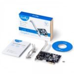 Cudy PE10 Gigabit PCI Express network adapter card showing its RJ45 port and gold-plated PCIe connector contact points, designed for seamless desktop PC integration