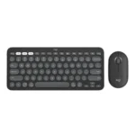 Logitech Pebble 2 Combo showing the ultra-slim matching wireless setup featuring the minimalist Pebble Keys 2 keyboard with its round scooped keys alongside the low-profile Pebble Mouse 2 optical mouse