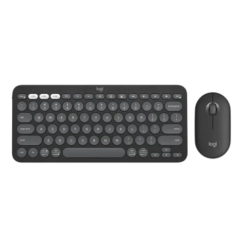 Logitech Pebble 2 Combo showing the ultra-slim matching wireless setup featuring the minimalist Pebble Keys 2 keyboard with its round scooped keys alongside the low-profile Pebble Mouse 2 optical mouse