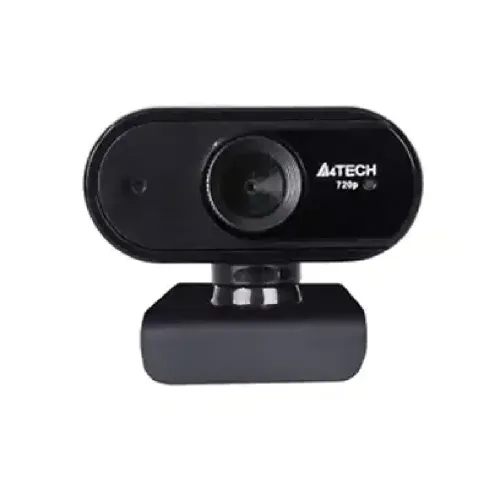 A4TECH PK-825P High HD Webcam in matte black showcasing its compact rectangular camera body, anti-glare lens structure, integrated microphone port, and adjustable monitor mounting base