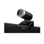 A4TECH PK-910H Full HD webcam in matte black showing its high-definition optical glass lens, secure monitor mounting clip, and integrated cable for plug-and-play desktop connectivity