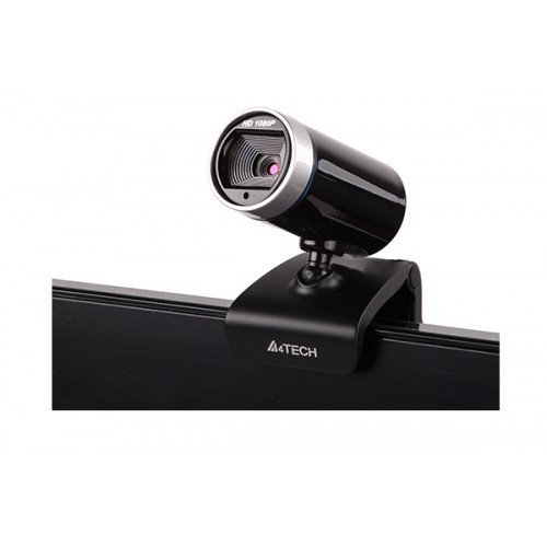 A4TECH PK-910H Full HD webcam in matte black showing its high-definition optical glass lens, secure monitor mounting clip, and integrated cable for plug-and-play desktop connectivity