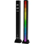 RGB Rechargeable Rhythm Light With Voice-Activated Pickup D8-32 sound reactive ambient light bars showing one stick detailing its rear physical control buttons and another stick illuminating its multi colored 32 LED audio spectrum bar inside a black base dock stand