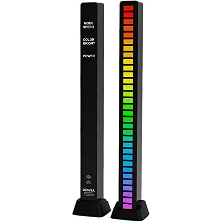 RGB Rechargeable Rhythm Light With Voice-Activated Pickup D8-32 sound reactive ambient light bars showing one stick detailing its rear physical control buttons and another stick illuminating its multi colored 32 LED audio spectrum bar inside a black base dock stand