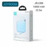 Joyroom JR-L008 Cutie Series 10000mAh Power Bank in pastel baby blue finish resting on its built-in rear kickstand showcasing its sleek front face and cute animal themed lanyard carrying strap
