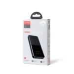 Joyroom JR-T013 Star Series 10000mAh Digital Display Power Bank in deep matte black showing its glossy front screen displaying remaining power percentage, dual USB outputs, and laser line texture profiles