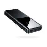 Joyroom JR-T013 Star Series 10000mAh Digital Display Power Bank in deep matte black showing its glossy front screen displaying remaining power percentage, dual USB outputs, and laser line texture profiles