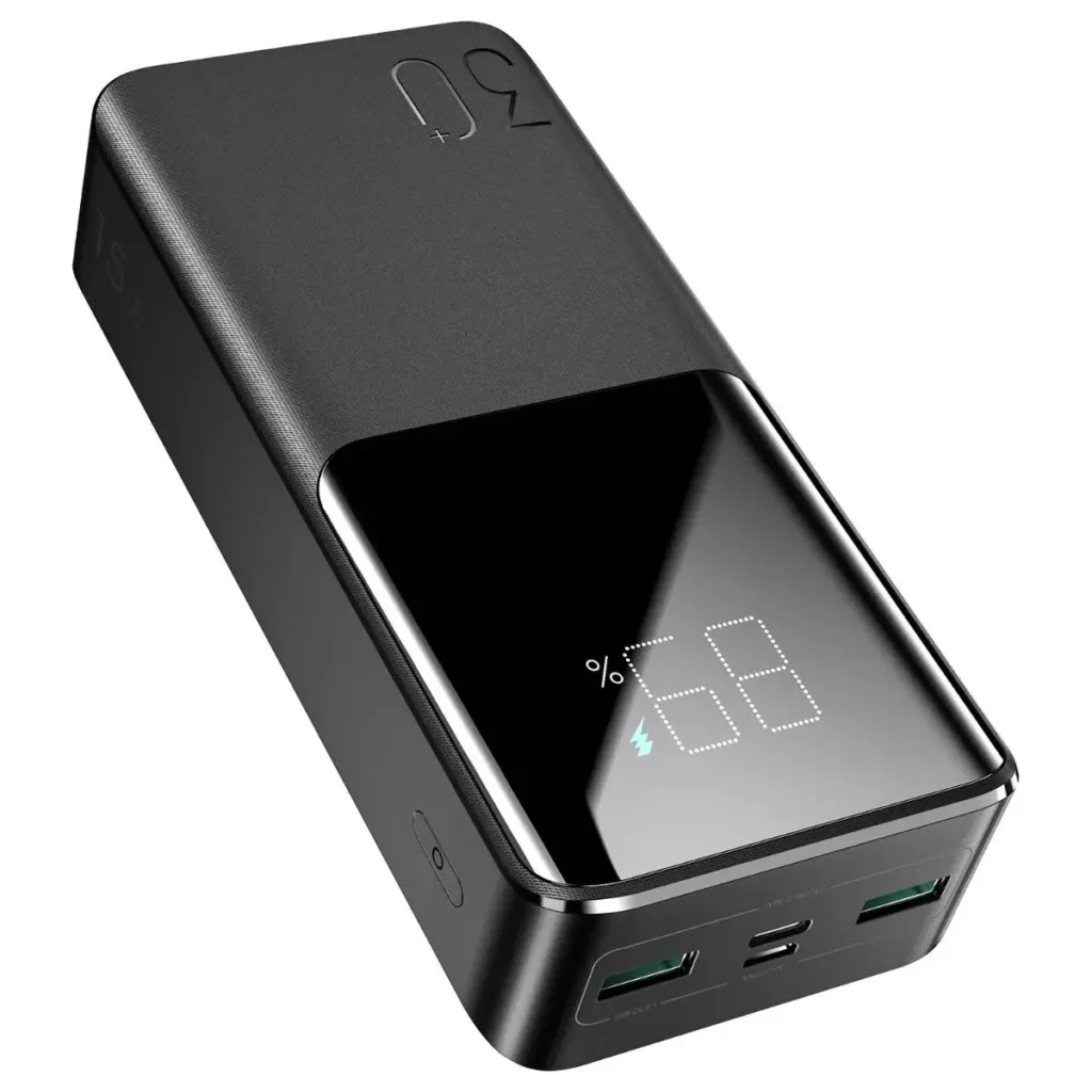 Joyroom JR-T015 Star Series 30000mAh 15W Power Bank in matte black standing upright to display its glossy top-half screen showing 100 percent battery capacity status next to its dual input and triple output ports