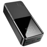 Joyroom JR-T015 Star Series 30000mAh 15W Power Bank in matte black standing upright to display its glossy top-half screen showing 100 percent battery capacity status next to its dual input and triple output ports