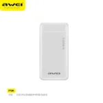 Awei P5K 10000mAh Dual USB Port Fast Charging Power Bank in matte black displaying its clean front layout with 10000mAh branding, integrated 4-dot LED power indicator bar, dual output ports, and micro-textured non-slip profile lines
