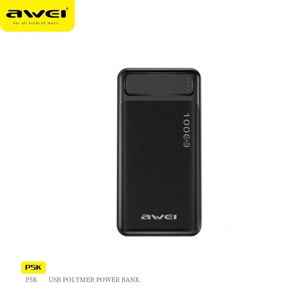 Awei P5K 10000mAh Dual USB Port Fast Charging Power Bank in matte black displaying its clean front layout with 10000mAh branding, integrated 4-dot LED power indicator bar, dual output ports, and micro-textured non-slip profile lines