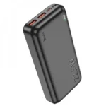Hoco J101A Astute 22.5W 20000mAh Fast Charging Power Bank in sleek matte black showing its top interface panel with dual orange USB-A ports, Type-C port, micro-USB port, and its signature subtle LED power level indicator lights