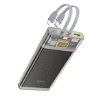 Hoco J104 Discovery Edition 22.5W 10000mAh Power Bank in transparent grey showing its internal circuit layout, built-in Type-C and Lightning cables clipped securely to the back, and a glossy top LED screen tracking its exact power percentage