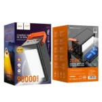 Hoco J107 Super 22.5W 90000mAh Fully Compatible Power Banks displayed in black and white retail boxes highlighting their massive front panel LED light boards, bright orange leather carry handles, top digital power meters, and extensive port configurations