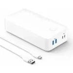 Anker 347 Power Bank PowerCore 40K Model A1377021 in pristine matte white showing its clean rectangular chassis, circular power level button, two blue PowerIQ USB-A ports, two Type-C PD ports, and an included white USB charging line