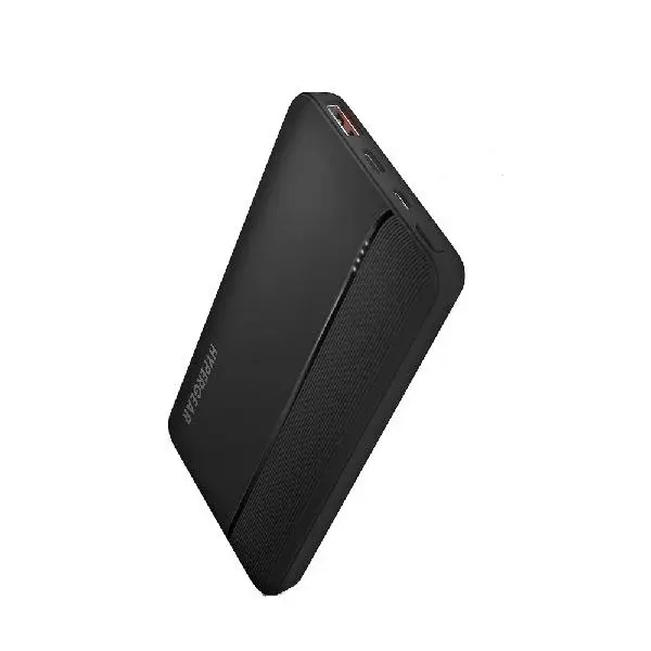 HyperGear PowerPack Pro 20W PD 10000mAh Fast Charging Power Bank in sleek matte gray showcasing its circular blue LED digital screen showing 100 percent capacity and top Type-C input output port layout