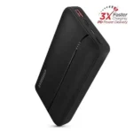 HyperGear 20000mAh 20W PD Plus USB Power Bank in premium matte black showing its rectangular frame, four white LED battery indicator lights, and top layout with red USB-A fast-charging port alongside the Type-C port