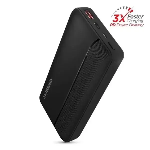 HyperGear 20000mAh 20W PD Plus USB Power Bank in premium matte black showing its rectangular frame, four white LED battery indicator lights, and top layout with red USB-A fast-charging port alongside the Type-C port