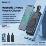 REMAX RPP-226 Magnetic Wireless Power Bank 10000mAh with cyber aesthetic design displaying its central circular magnetic charging zone, built-in digital display window showing exact percentage capacity, and dual top ports