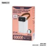 Remax RPP-565 Lango Series 60000mAh Power Bank in white finish showing its massive block design, carrying strap, digital display, and dual integrated fast charging cables