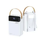 Remax RPP-566 Lango Series 80000mAh Power Bank in clean white finish showcasing its high-contrast digital display screen, faux-leather carrying handle strap, and dual integrated fast charging cables mounted on the rear panel