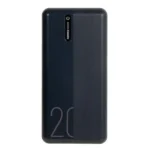 Remax RPP-296 Landon Series 20000mAh Power Bank in minimal matte black housing showing its dual USB outputs, charging indicator lights, and lightweight portable profile