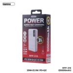 Remax RPP-316 Noah Series 20000mAh Power Bank in clean white casing showing its USB-A and Type-C ports, power button, and sleek design curves