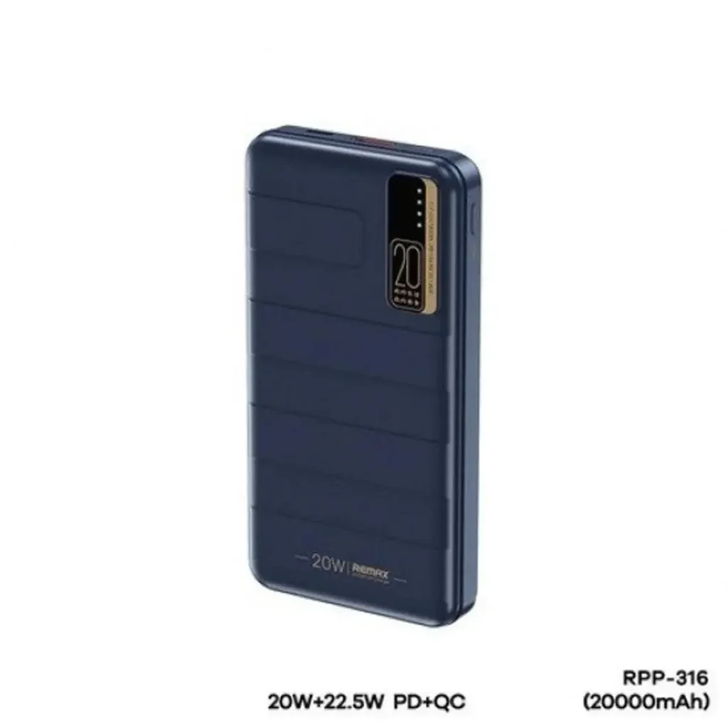 Remax RPP-316 Noah Series 20000mAh Power Bank in clean white casing showing its USB-A and Type-C ports, power button, and sleek design curves
