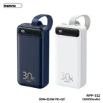 Remax RPP-522 Chinen Series 30000mAh Power Bank in navy blue and sleek white color variants showing its bold 30K graphic design, digital LED mirror screen, and built-in lanyard handle strap