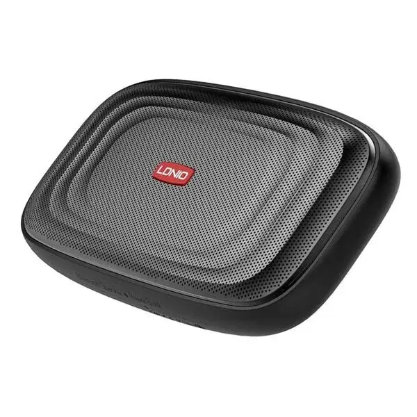 product_11239_main LDNIO BTS11 2-in-1 Power Bank and Bluetooth Speaker showing its clean speaker grill housing, physical top operation buttons, and rear interface panel containing USB ports and a micro SD slot
