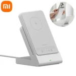 Xiaomi P05ZM Magnetic Wireless Power Bank authentic white premium slim 5000mAh portable wireless battery pack with vertical desktop pogo pin charging base dock cradle view