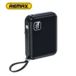 Remax RPP-579 Power Bank showing ultra slim compact premium fast charging external battery block pack with built-in dual charging cables flat layout and clear hidden numeric digital LED percentage monitor panel on the smooth front shell framework